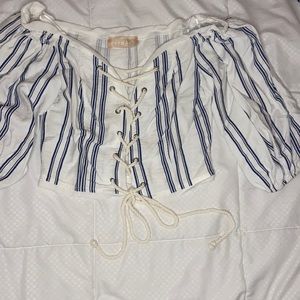 Blue and white striped tie up blouse